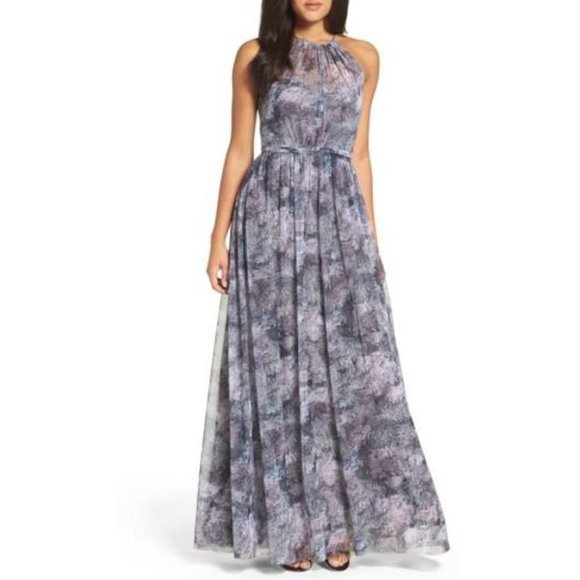 AMSALE GRAY LAVENDER HALTER MAXI DRESS 14